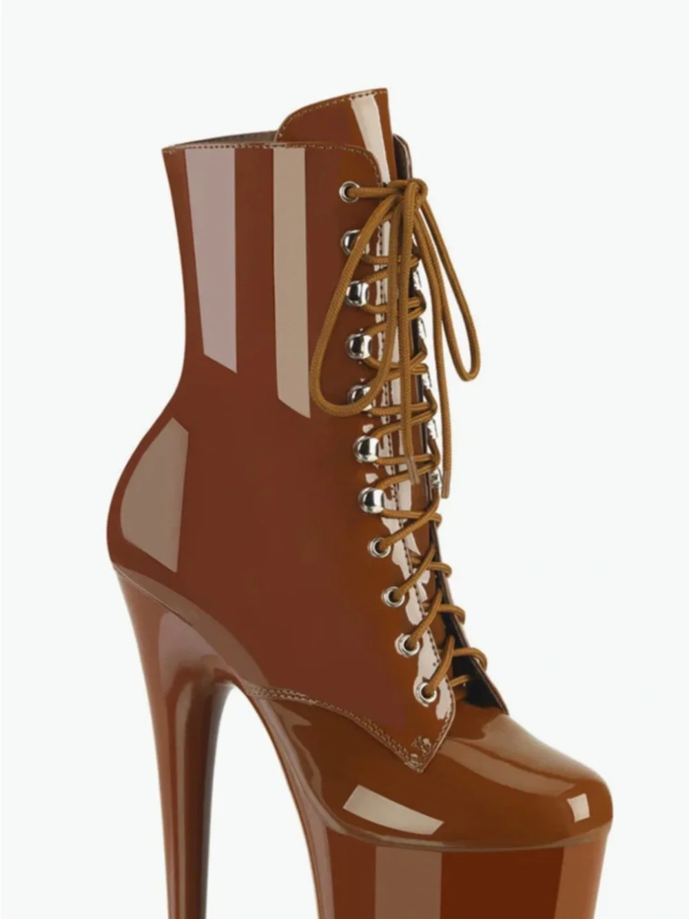 Pleaser Caramel Brown Patent Lace-Up Platform Ankle Boots - Picture 1 of 4